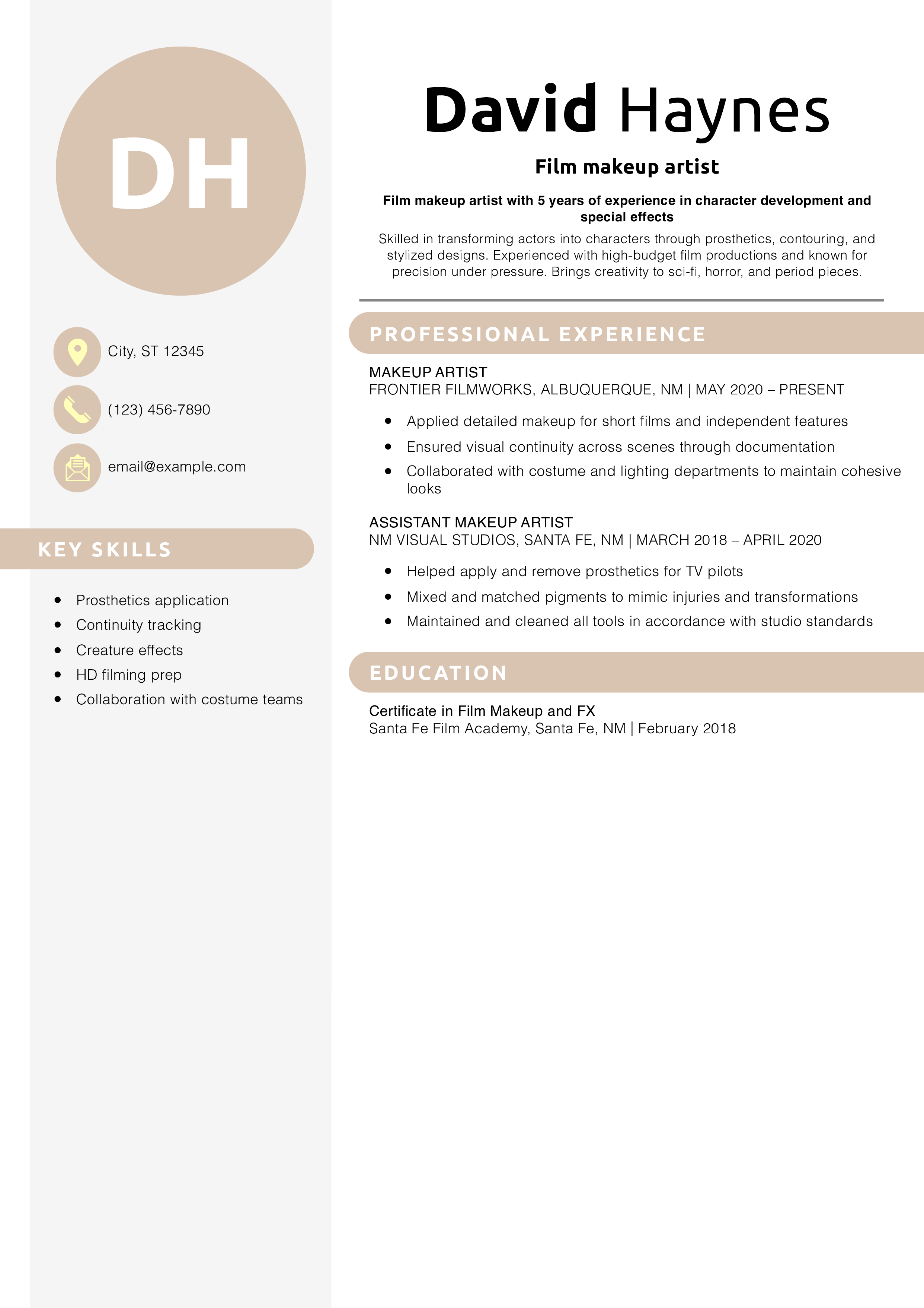 Film makeup artist resume example