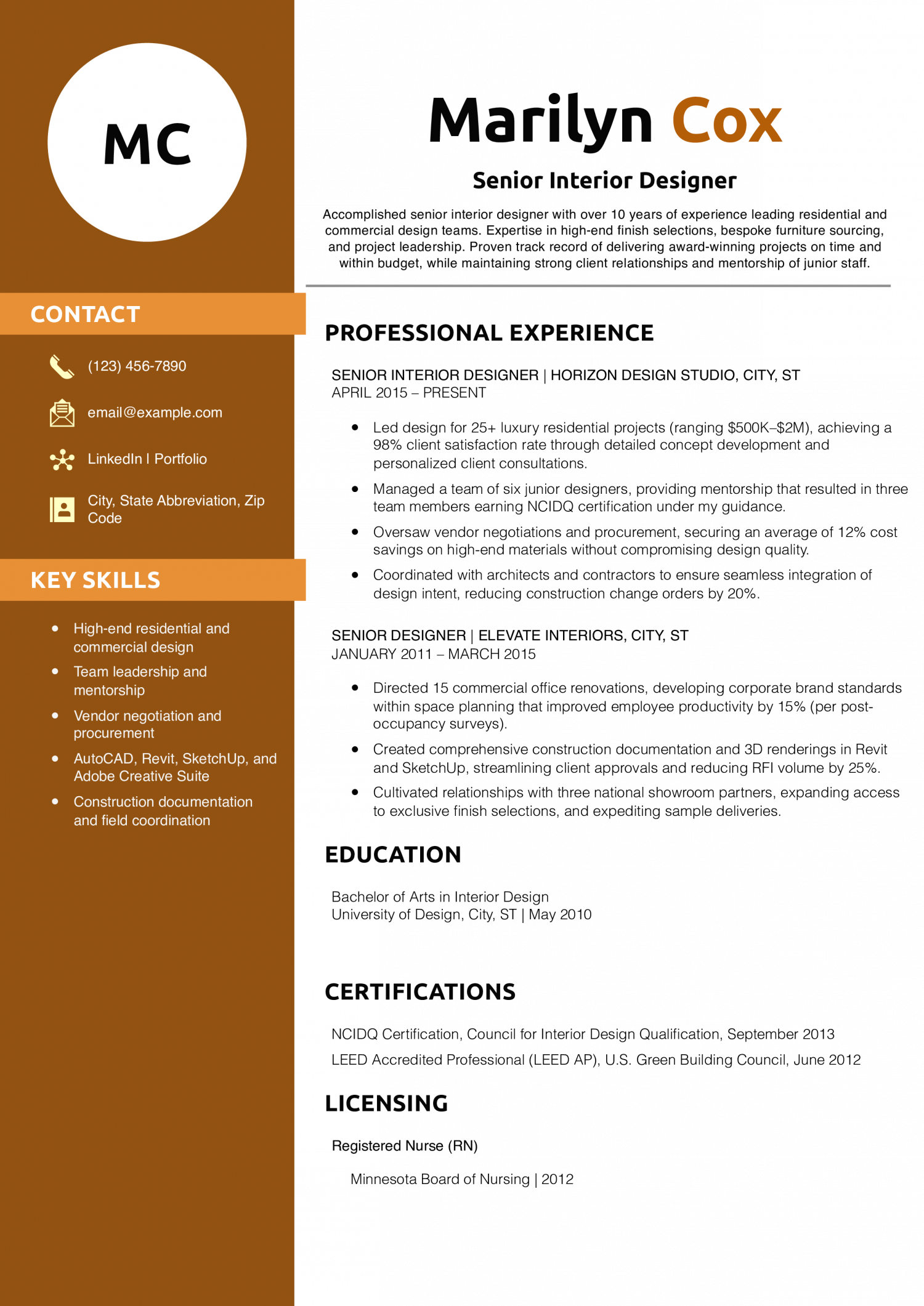 Senior Interior Designer Resume Example