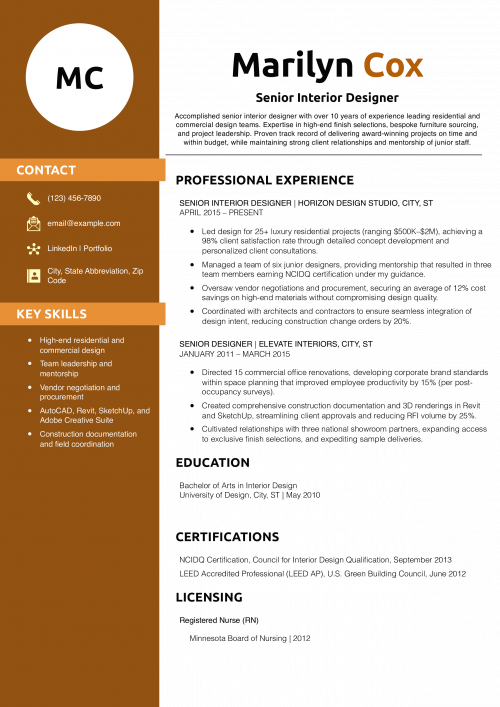 Senior Interior Designer Resume Example