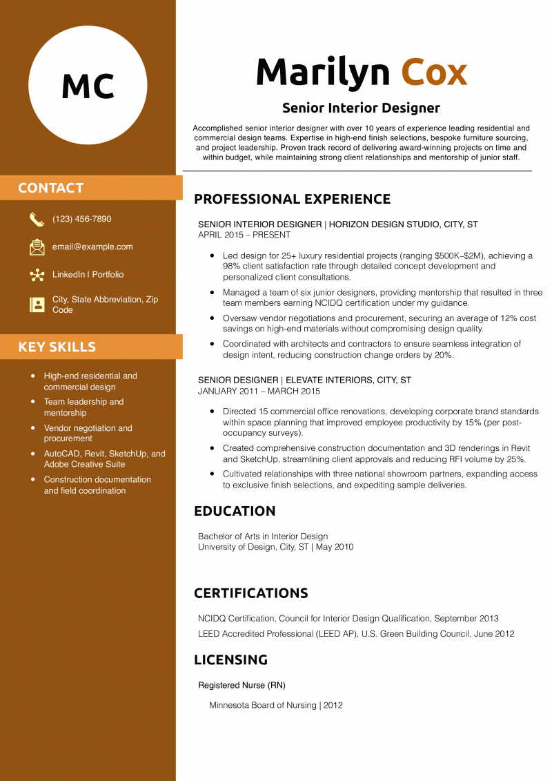 Senior Interior Designer Resume Example