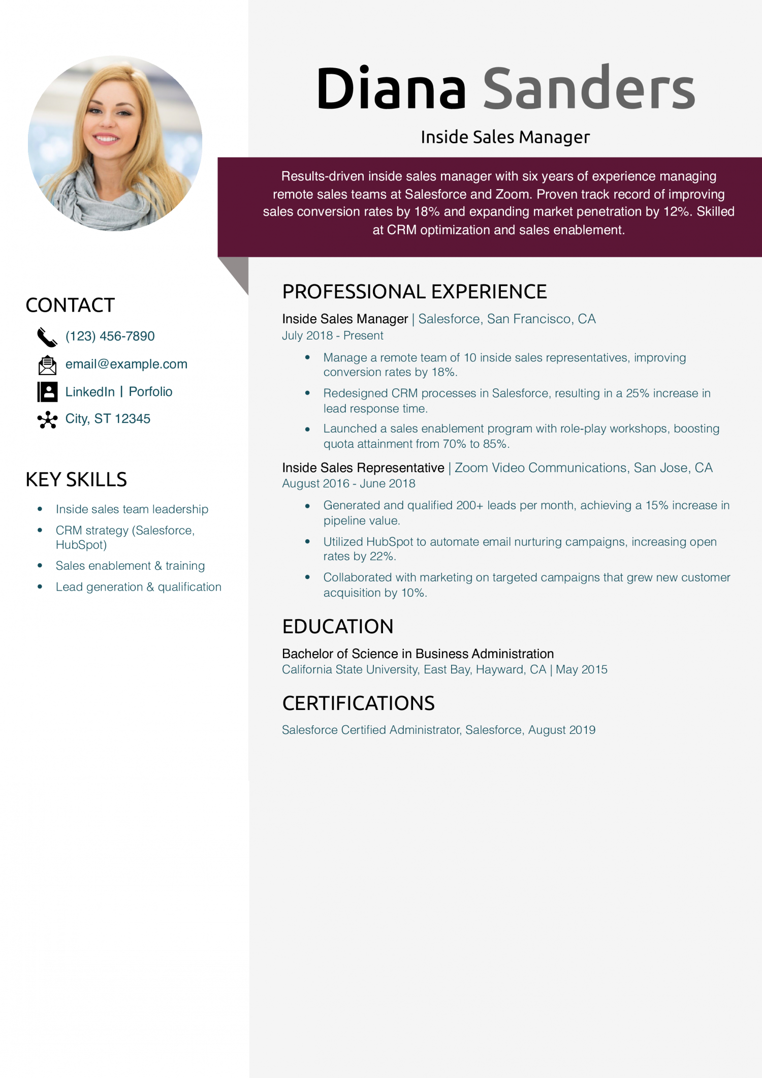 Inside Sales Manager Resume Example