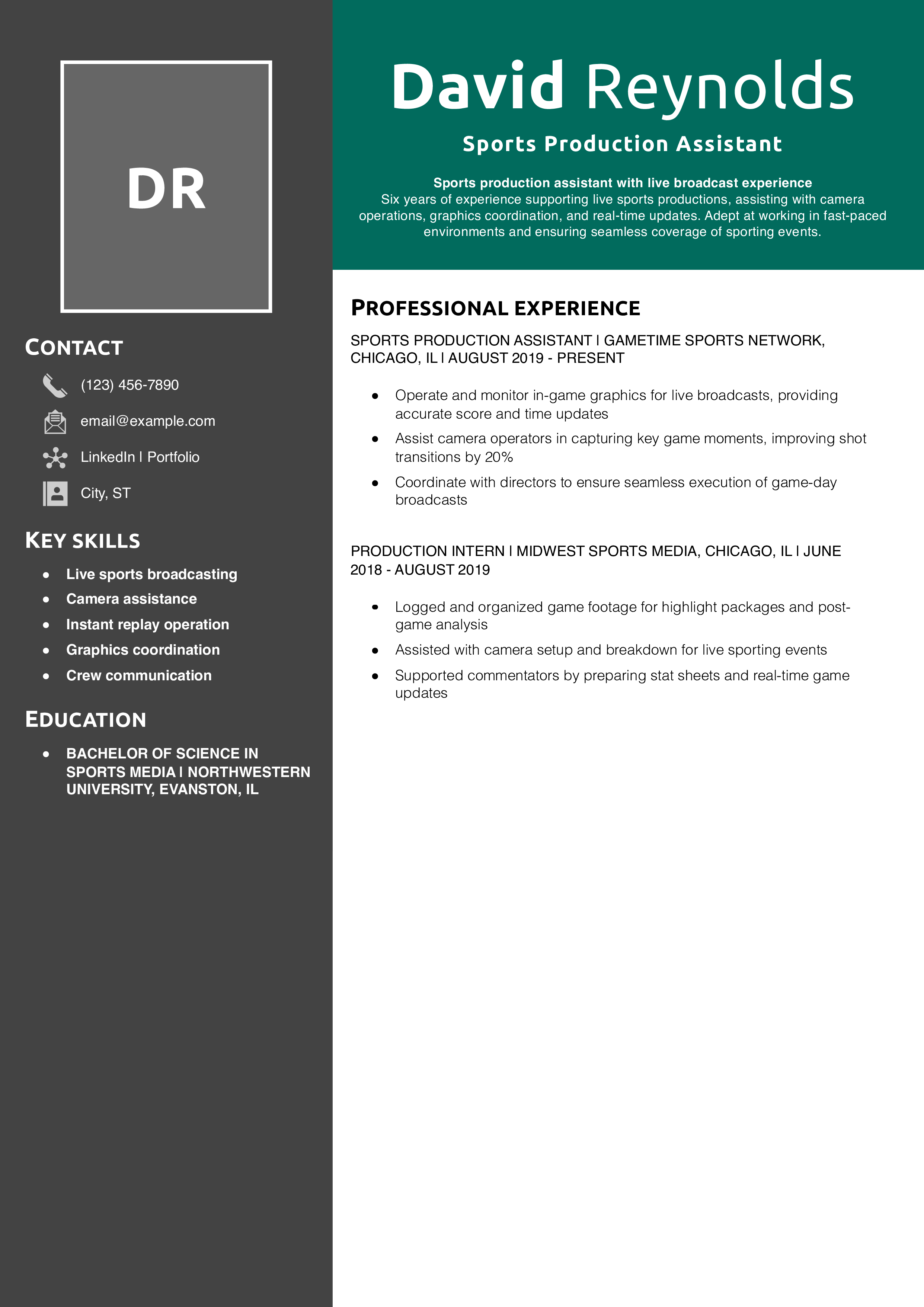 Sports Production Assistant Resume