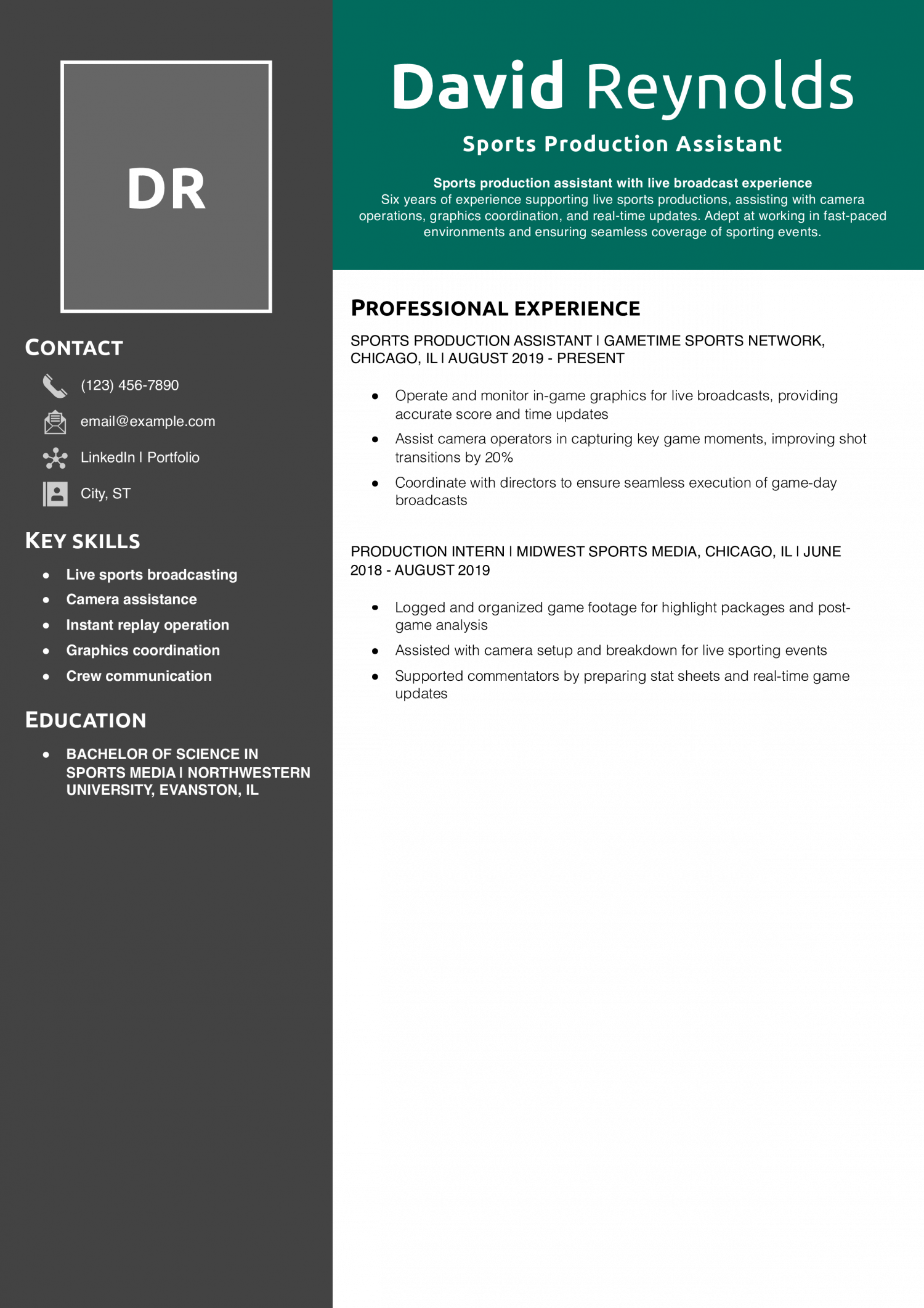 Sports Production Assistant Resume