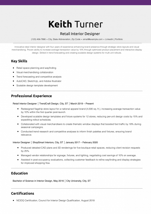 Retail Interior Designer Resume Example