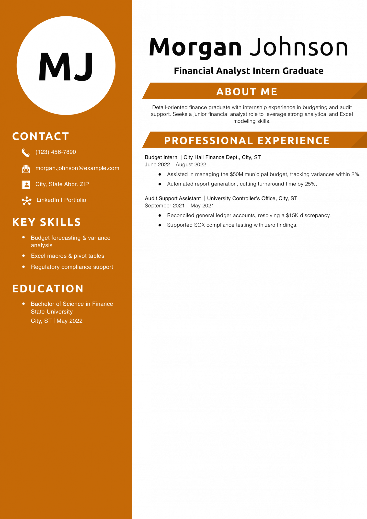 Financial Analyst Intern Graduate Resume Example 