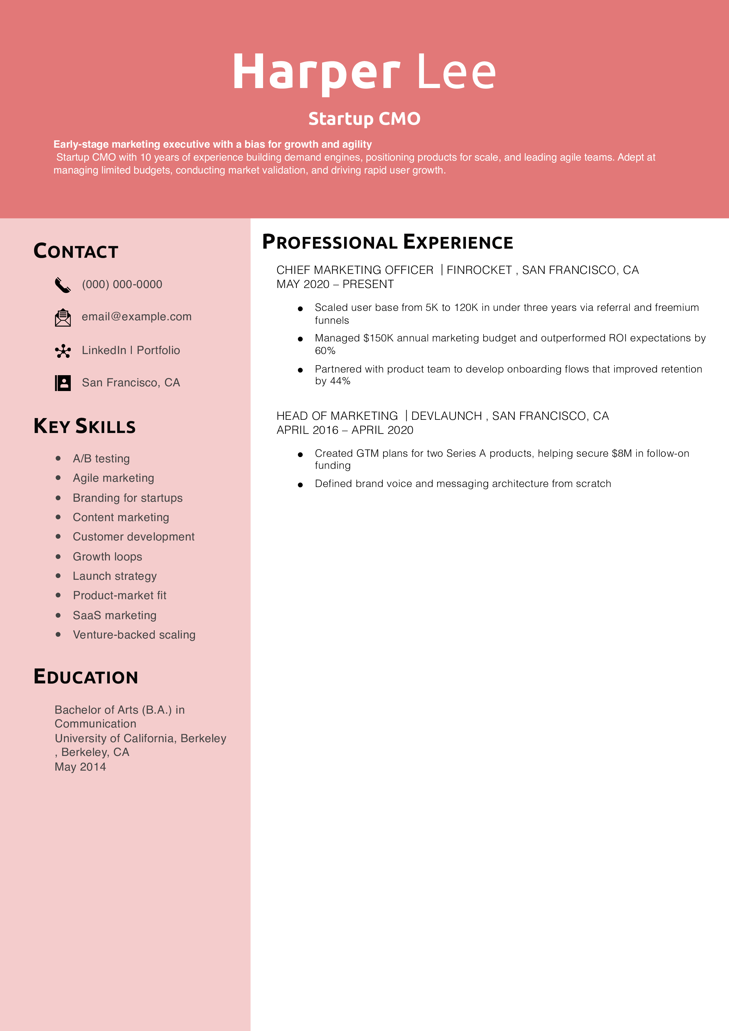 Startup CMO Resume