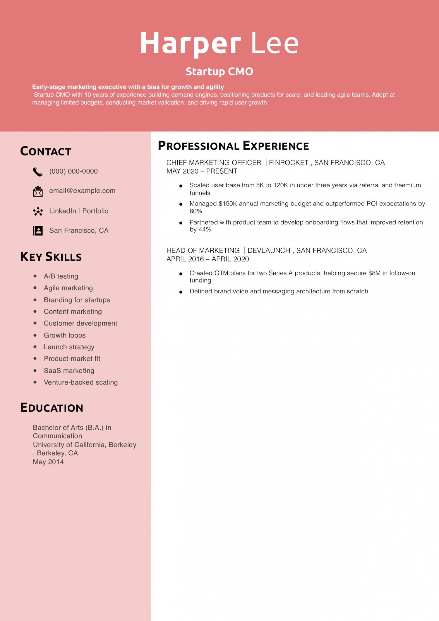 Startup CMO Resume