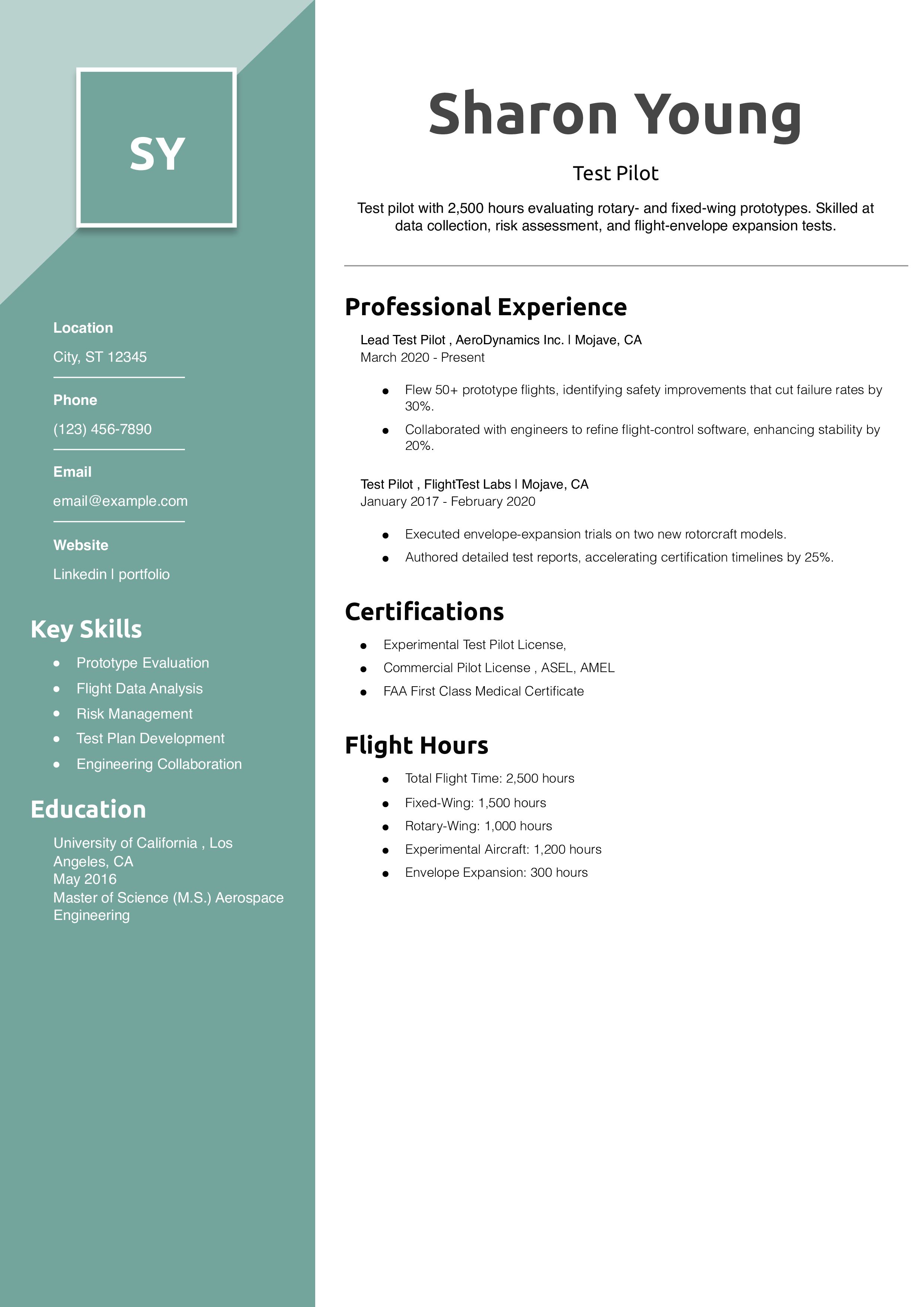 Test Pilot Resume Example