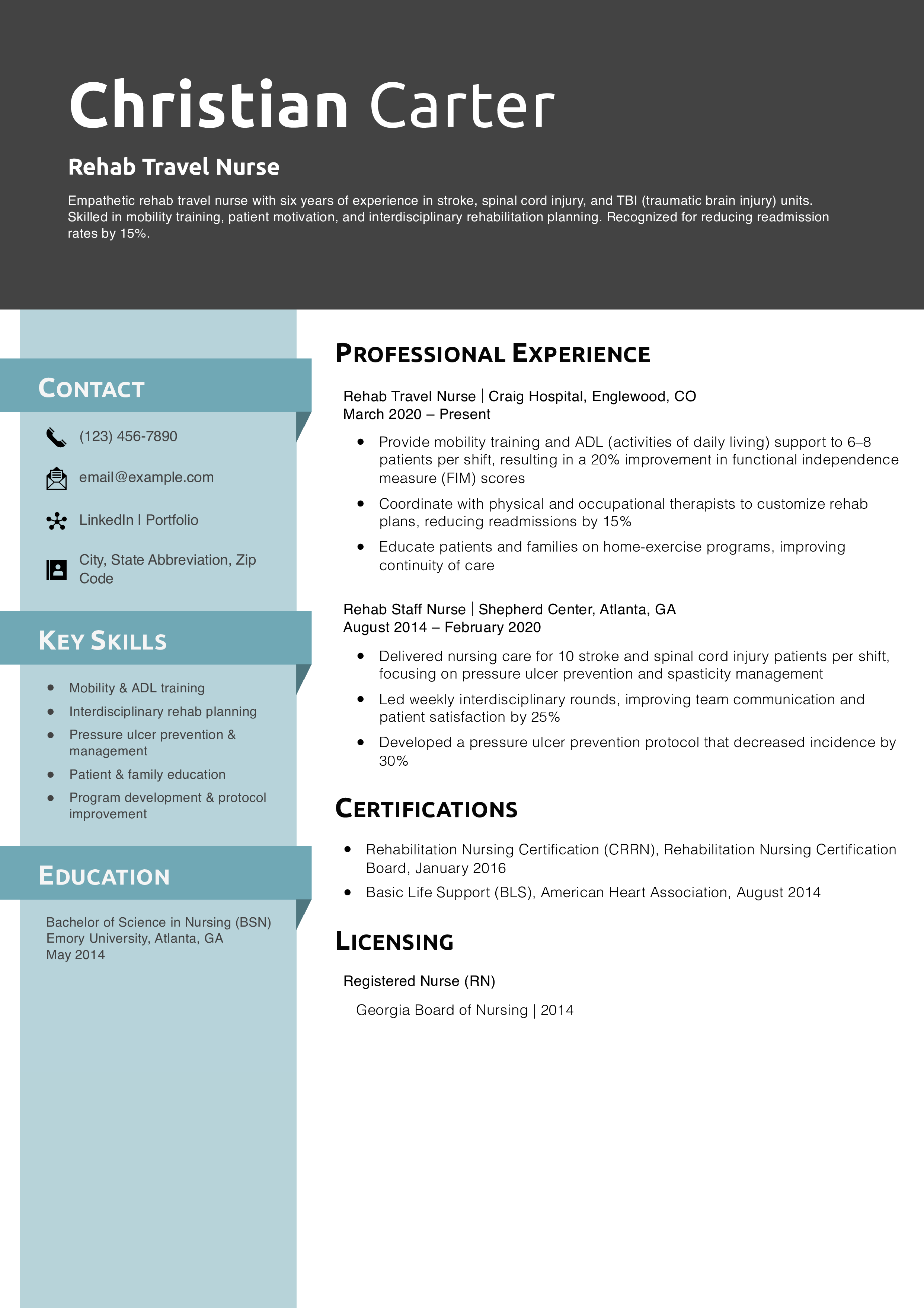 Rehab Travel Nurse Resume Example
