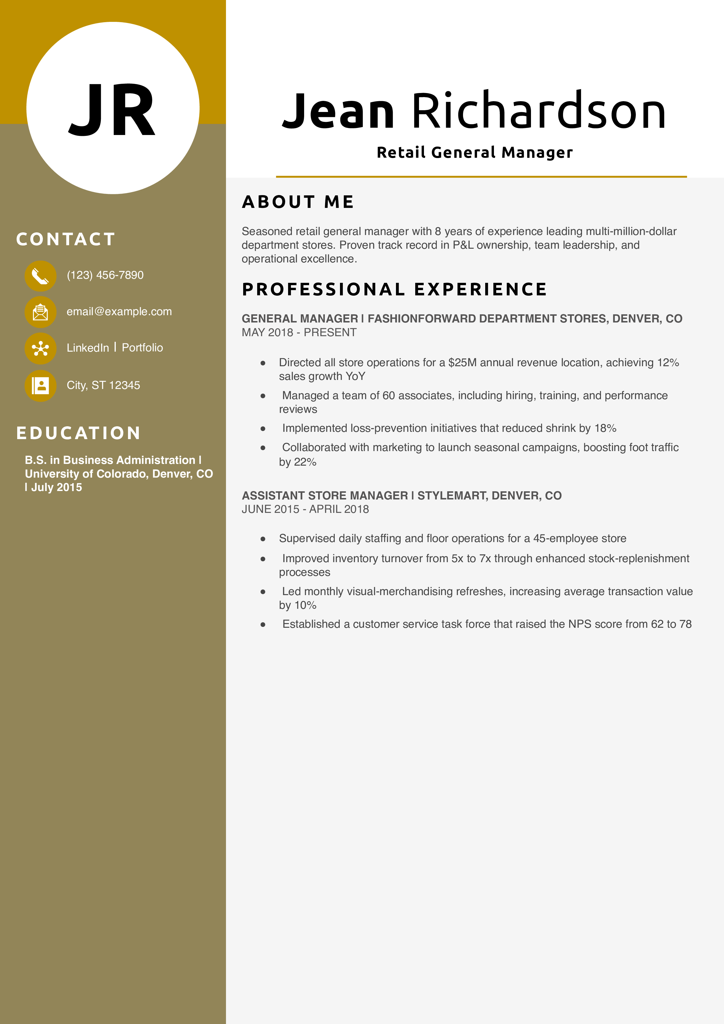 Retail General Manager Resume Example