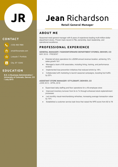 Retail General Manager Resume Example