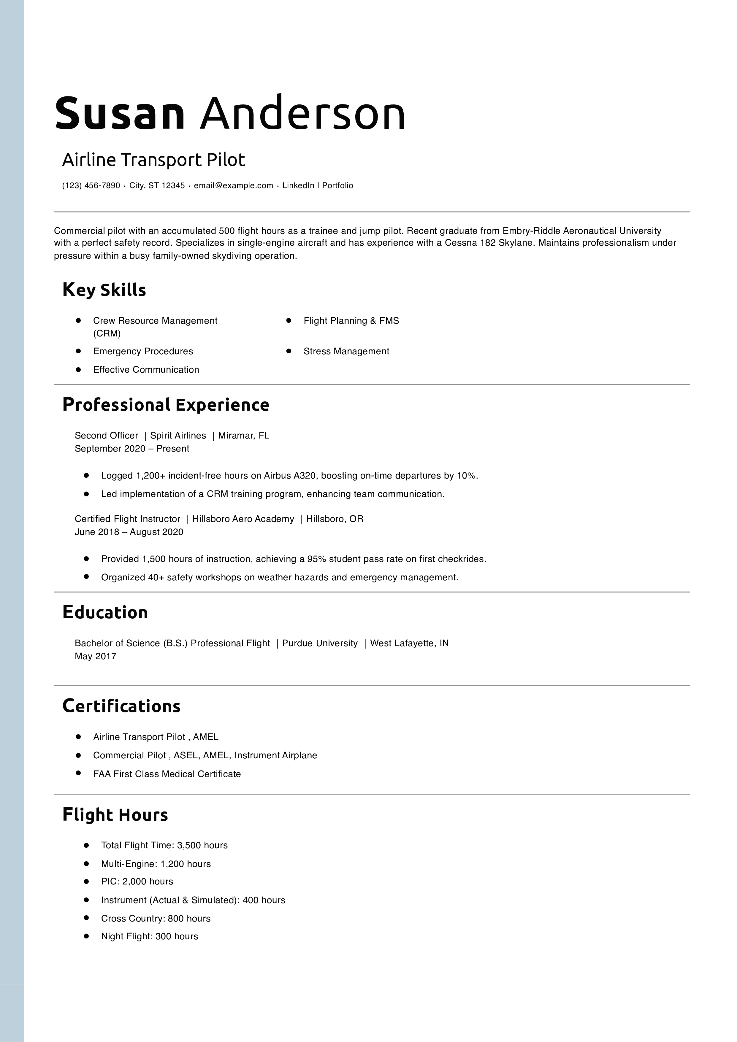 Airline Transport Pilot Resume Example