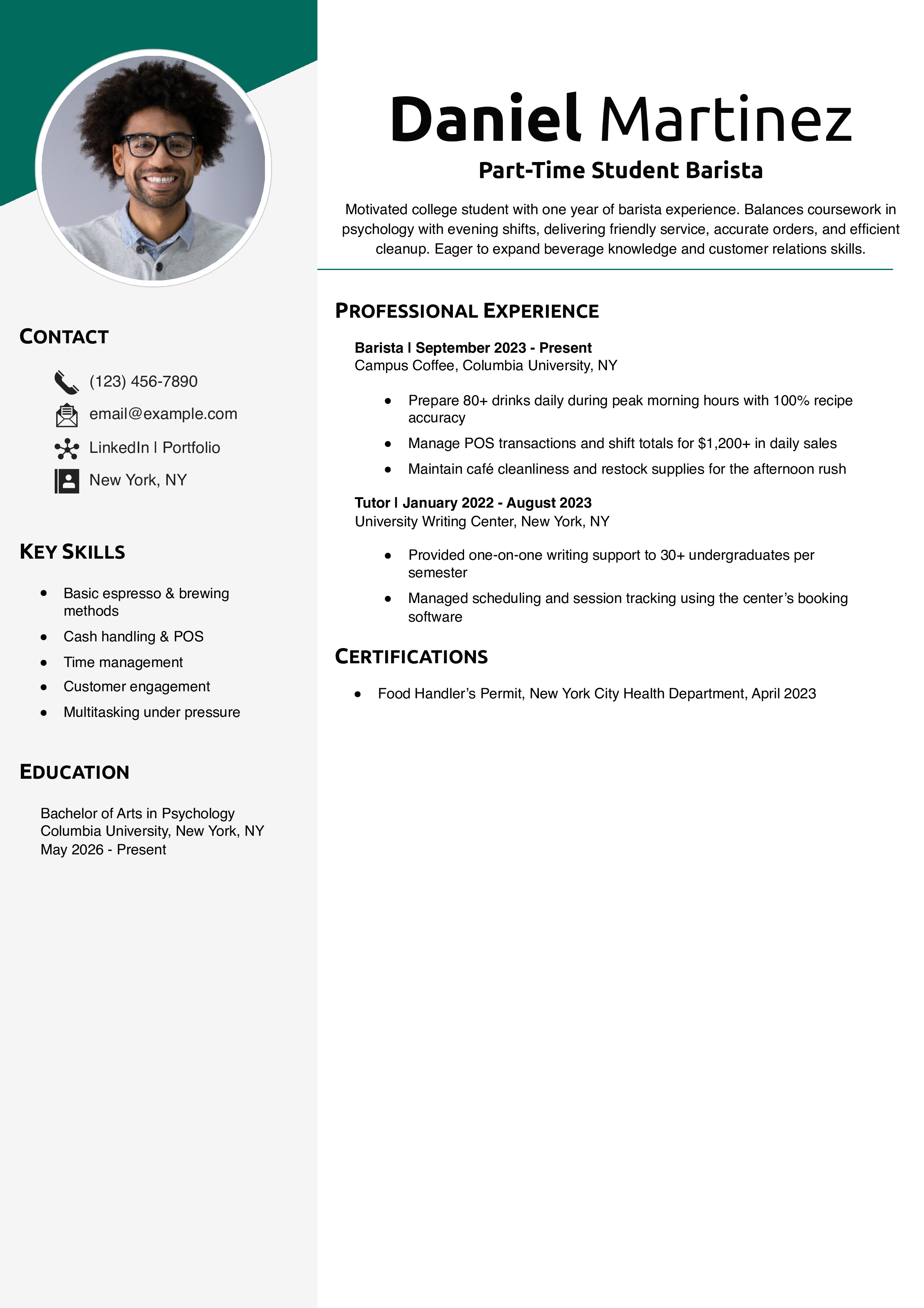Part-Time Student Barista Resume Example