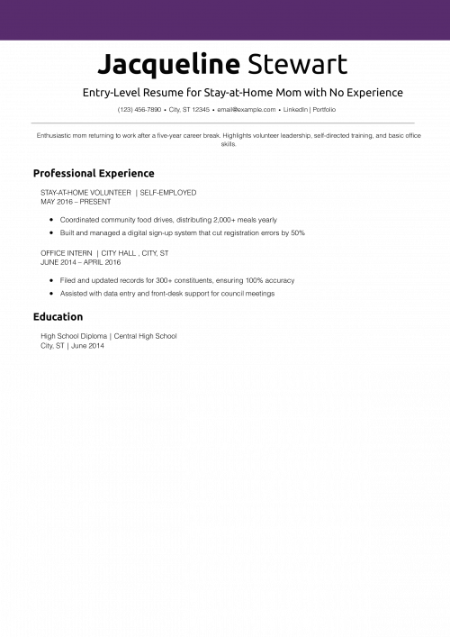 Entry-Level Resume for Stay-at-Home Mom with No Experience Resume Example
