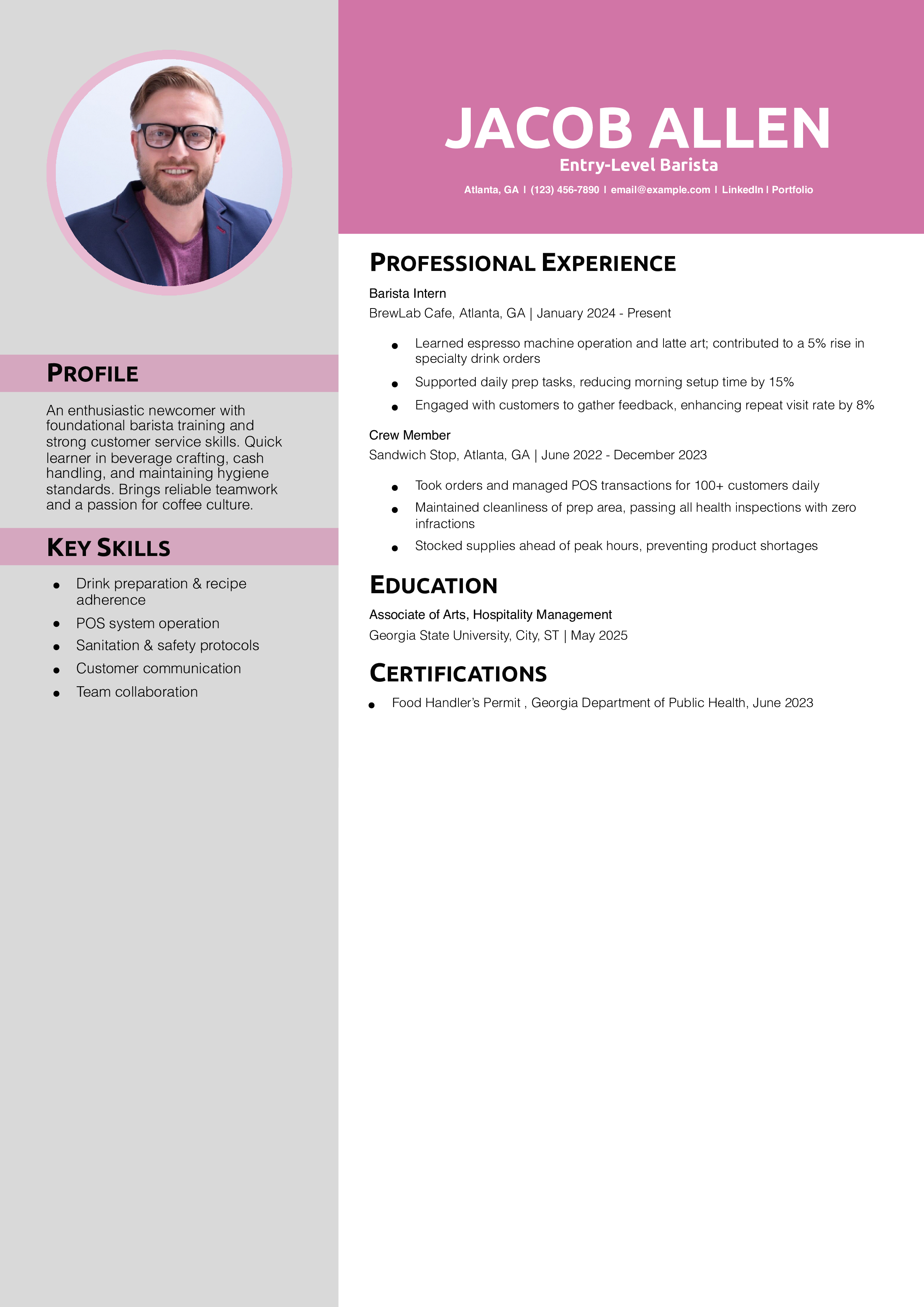 Entry-Level Barista Resume Example