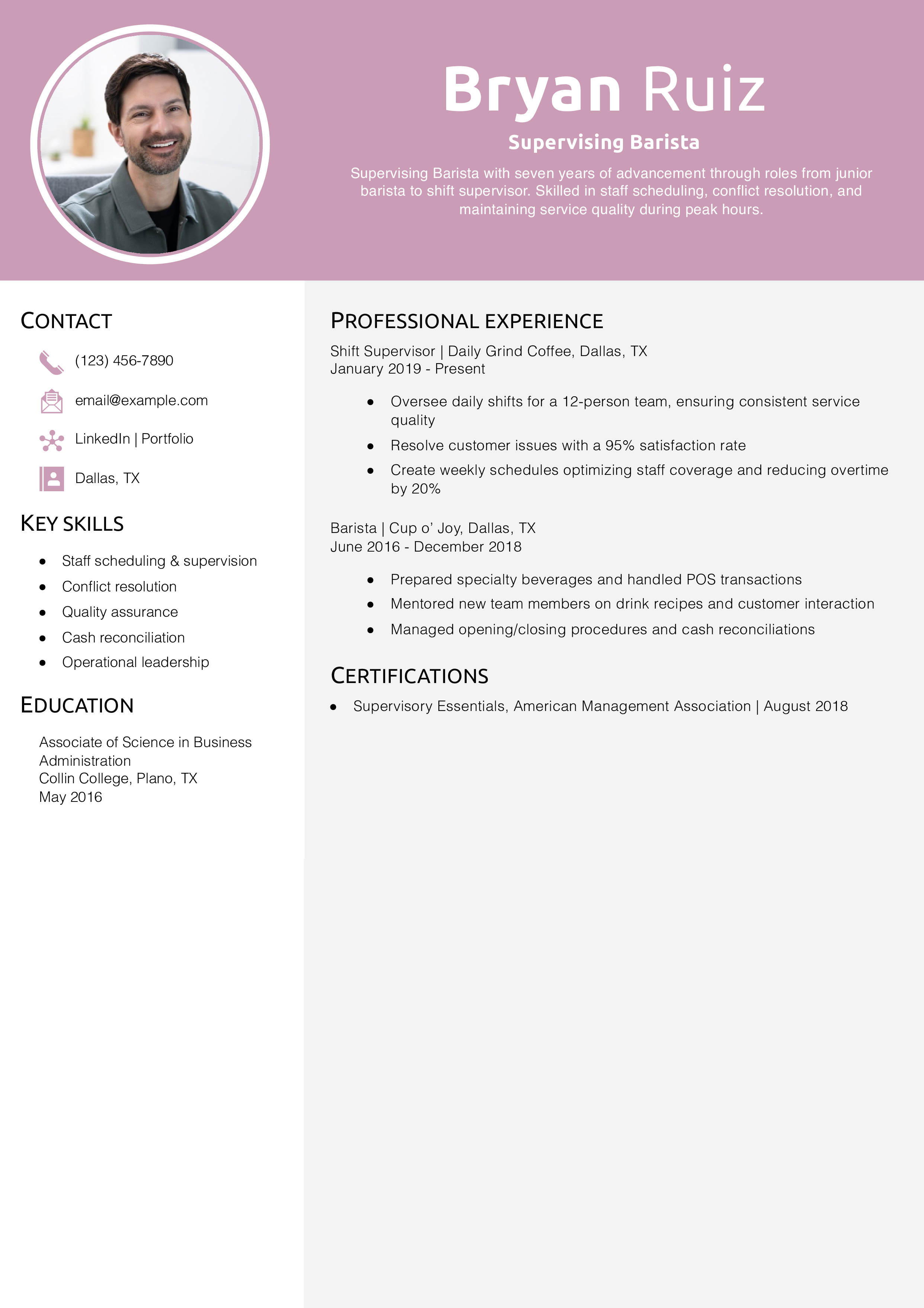 Supervising Barista Resume Example