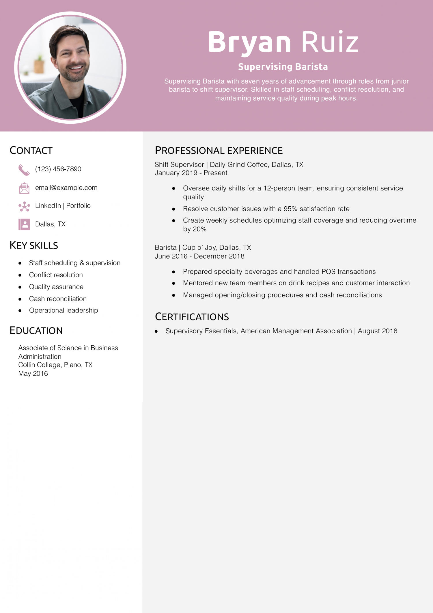 Supervising Barista Resume Example