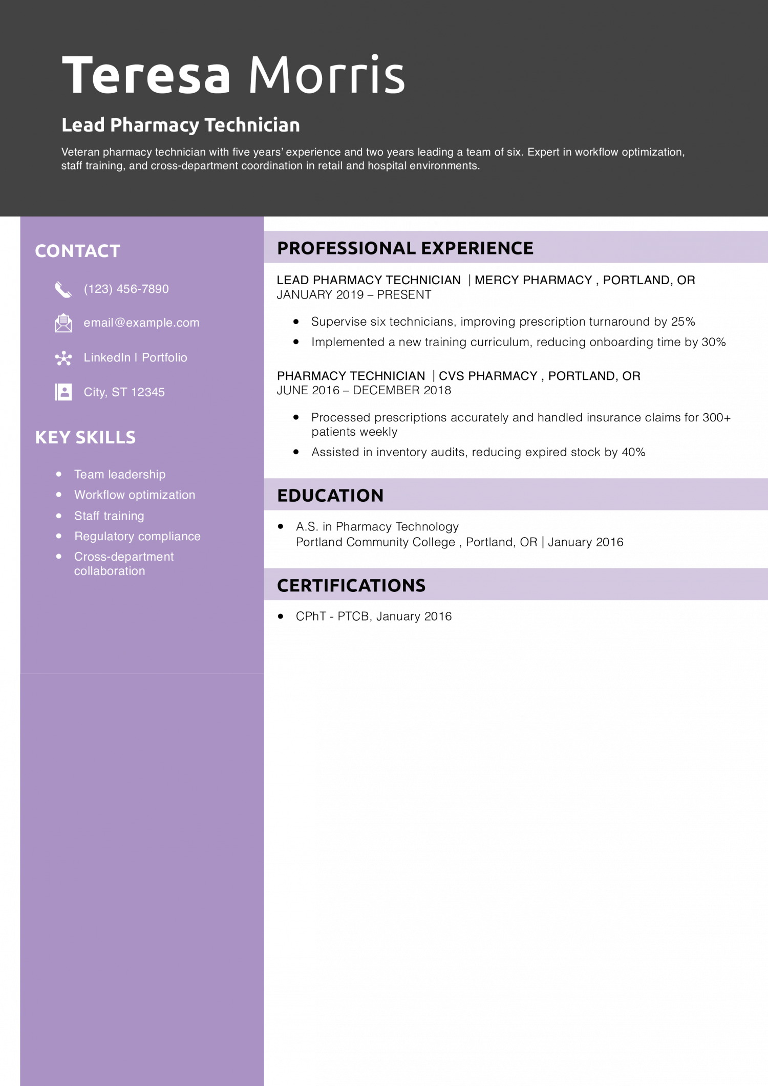 Lead Pharmacy Technician Resume Example