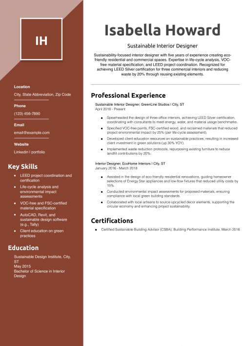 Sustainable Interior Designer Resume Example