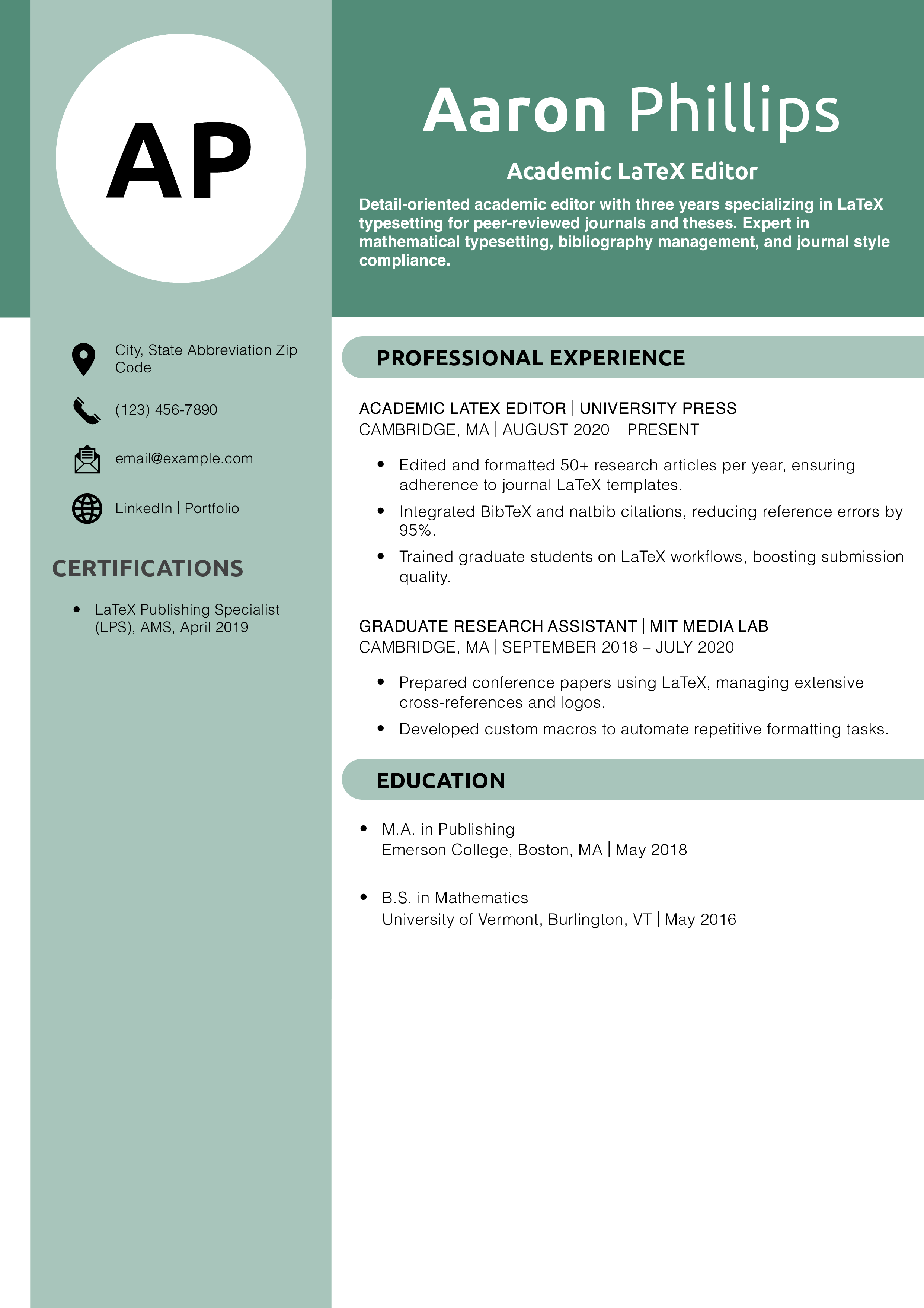 Academic LaTeX Editor Resume Example