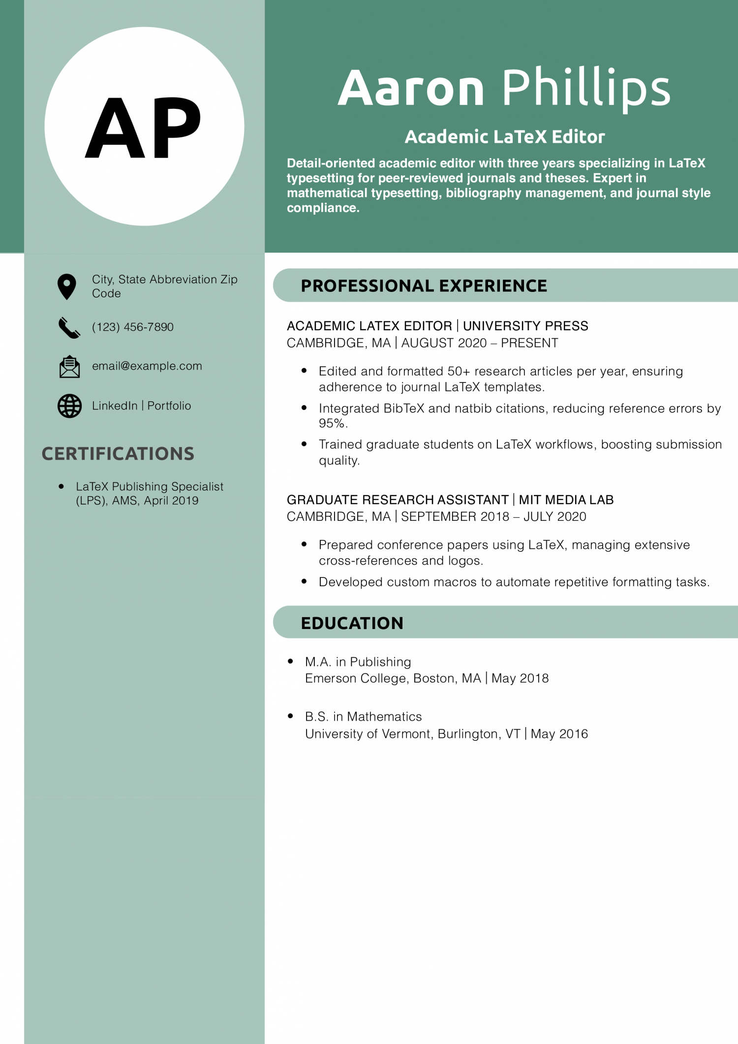 Academic LaTeX Editor Resume Example