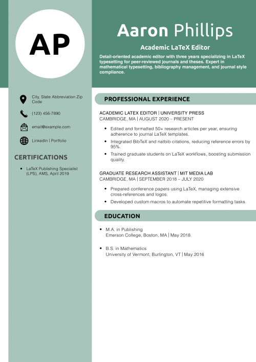 Academic LaTeX Editor Resume Example