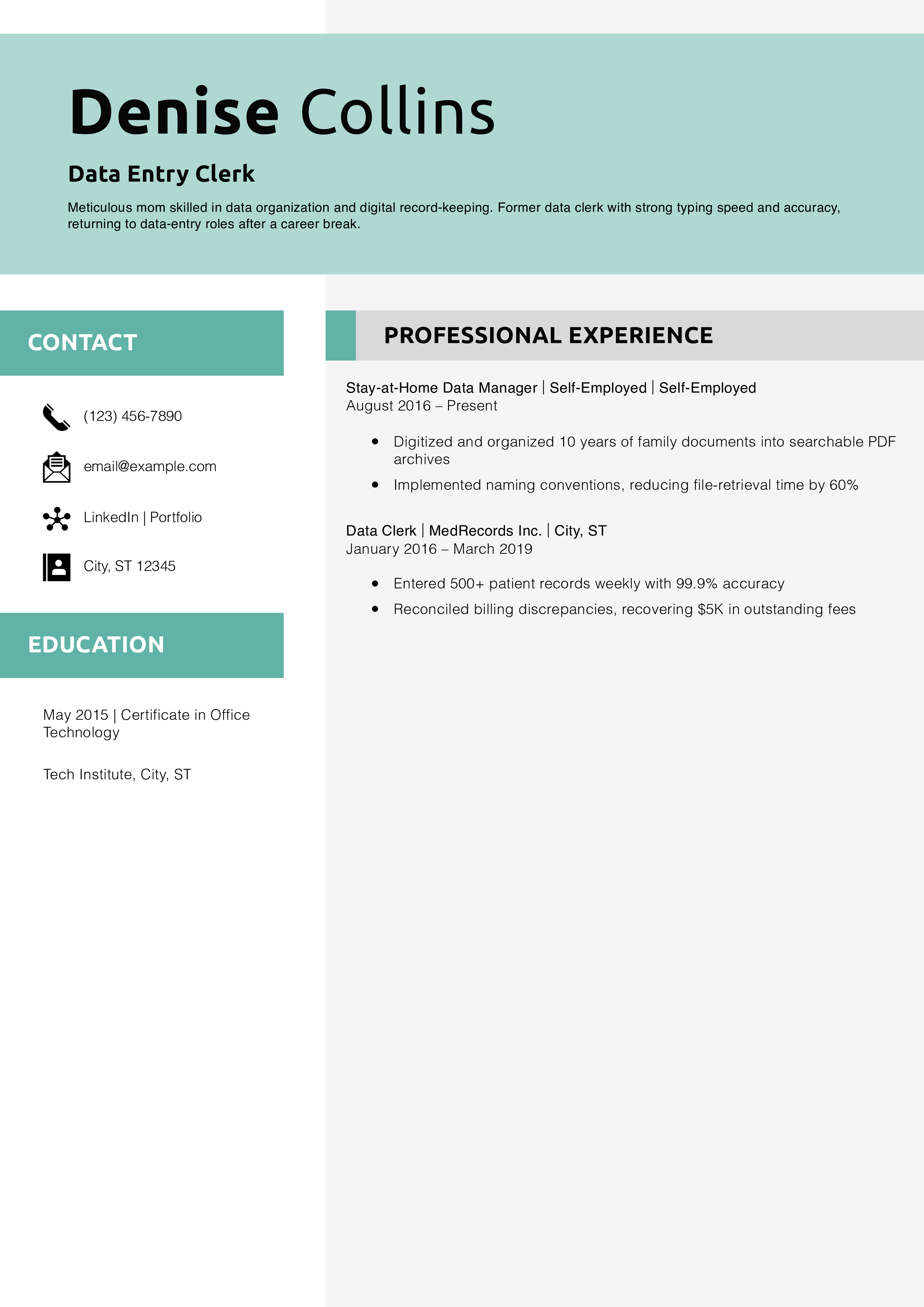 Data Entry Clerk Resume Example