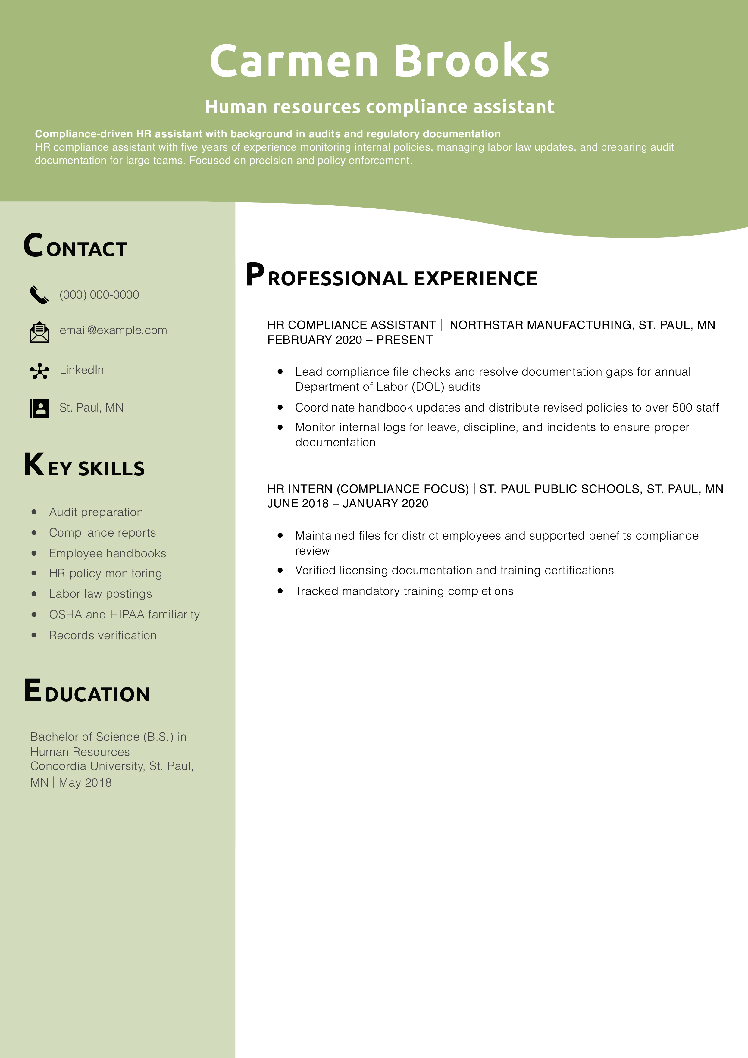 Human resources compliance assistant resume