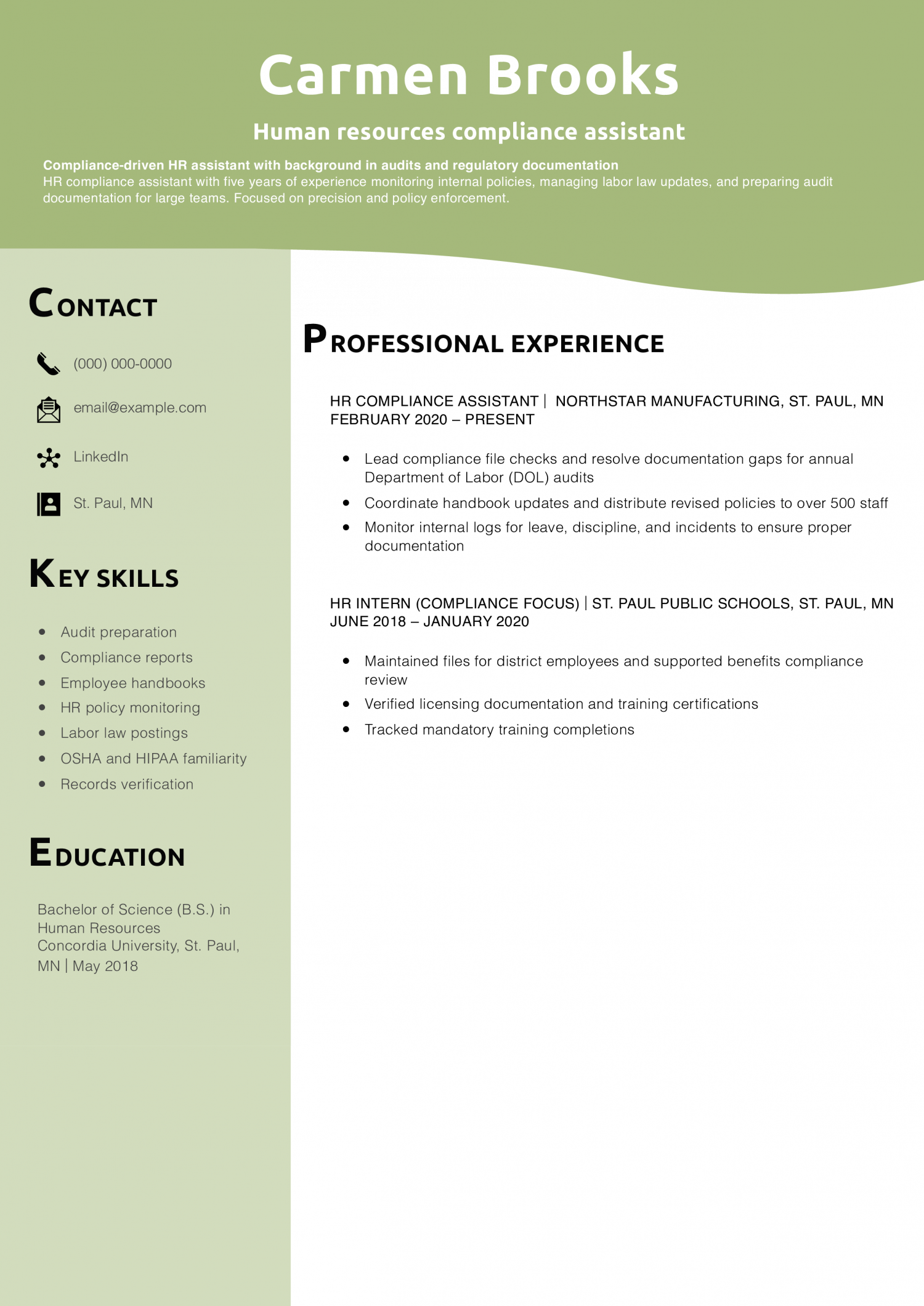 Human resources compliance assistant resume