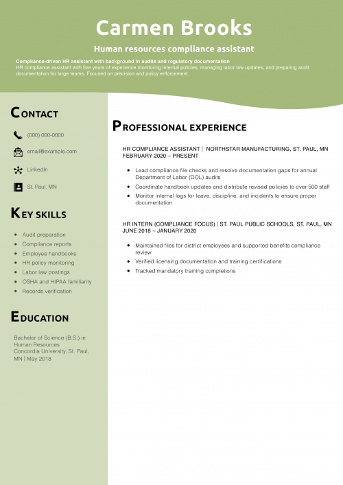 Human resources compliance assistant resume