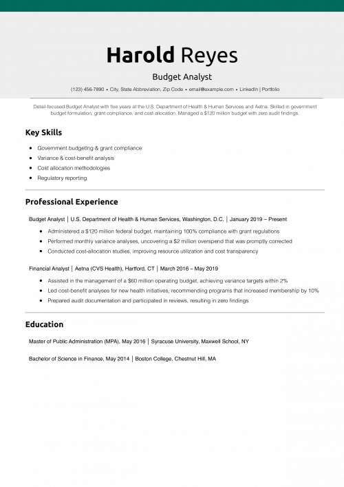 Budget Analyst Resume Example