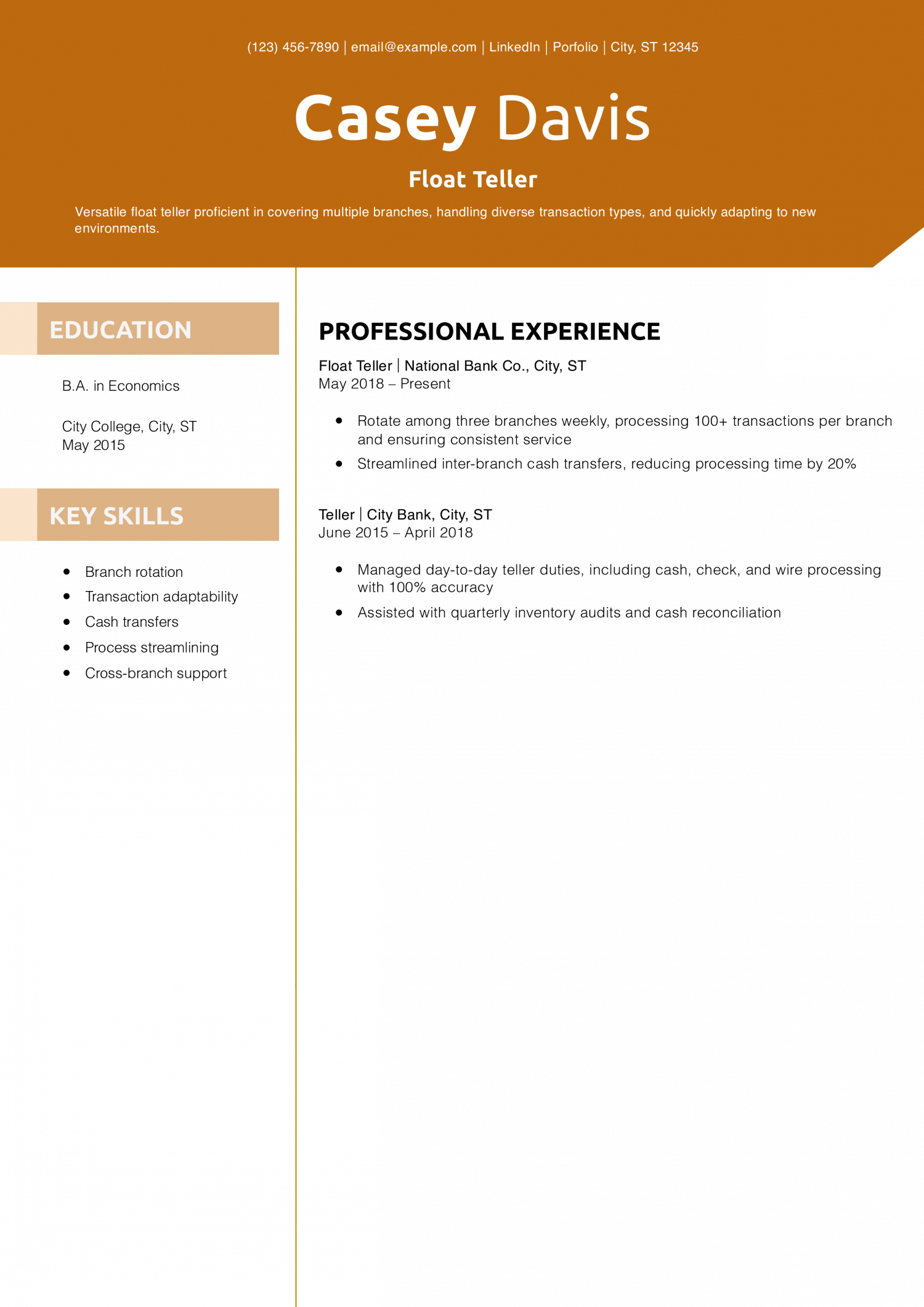 Float Teller Resume Example