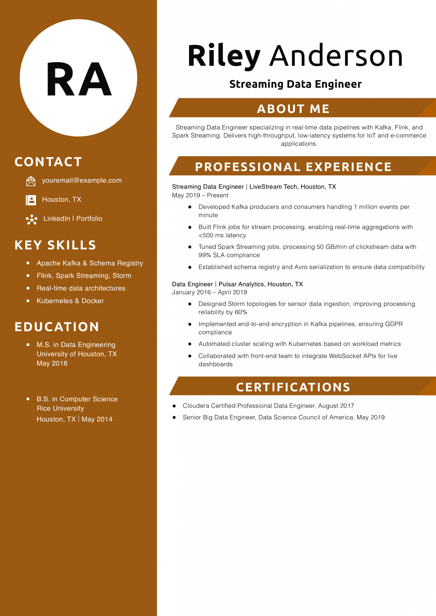Streaming Data Engineer Resume Example