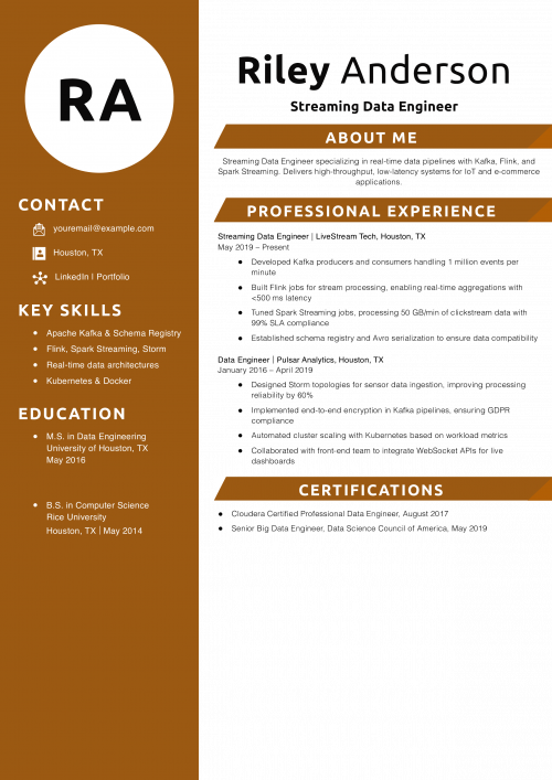Streaming Data Engineer Resume Example