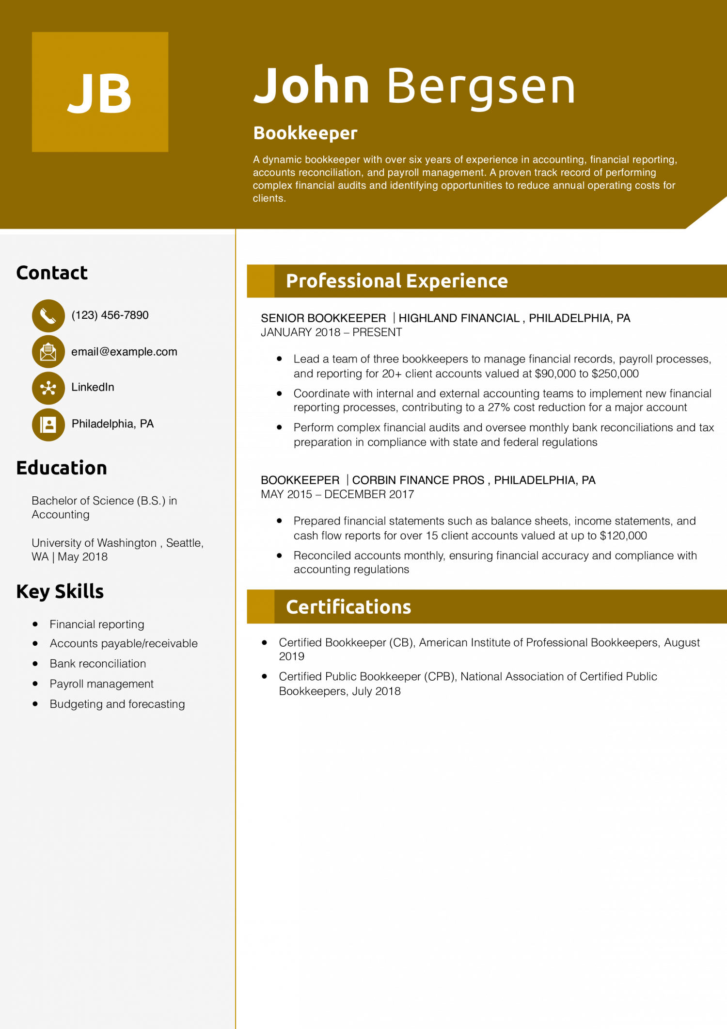 Bookkeeper Resume Example 