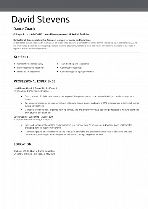 Dance Coach Resume Example