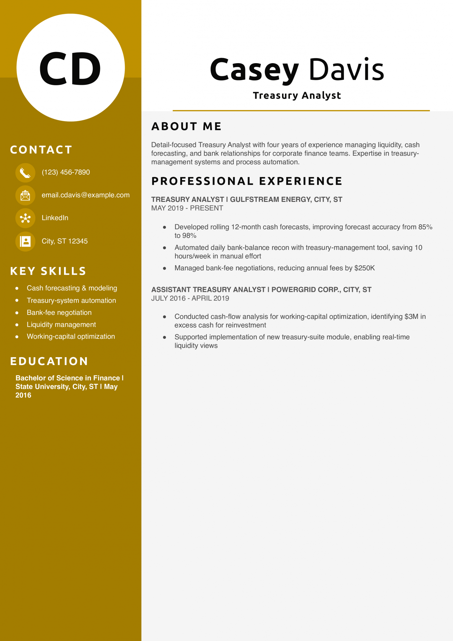 Treasury Analyst Resume Example