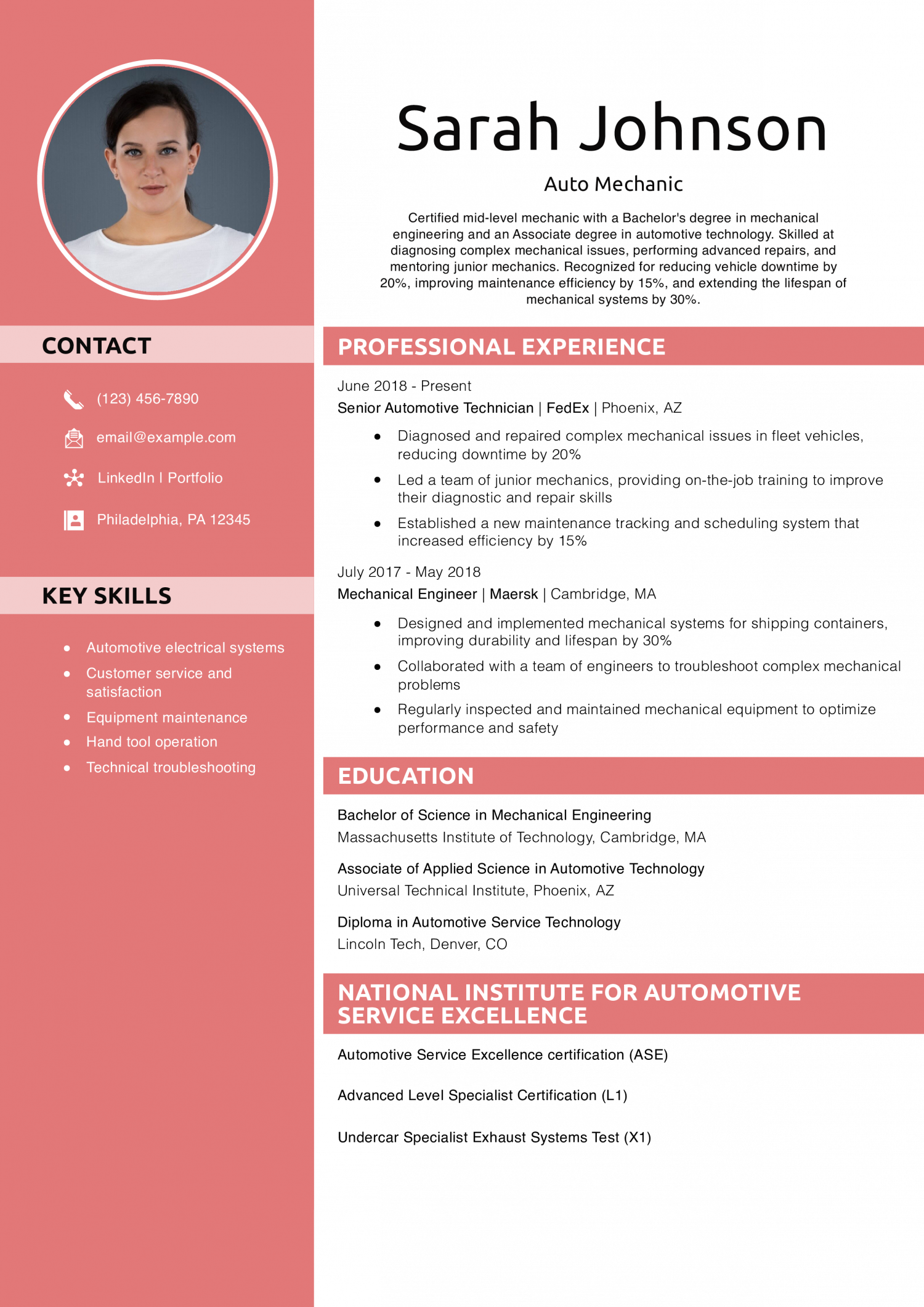 Auto Mechanic Resume Example