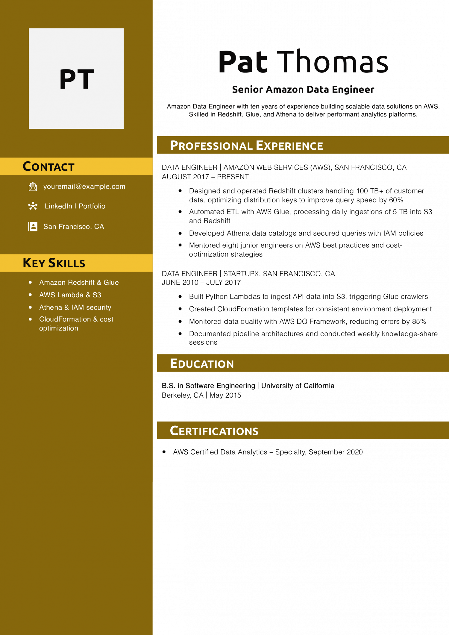 Senior Amazon Data Engineer Resume Example