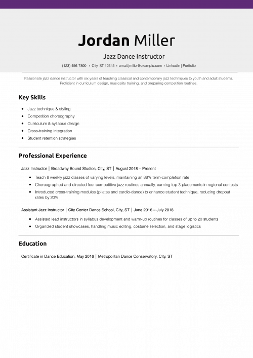 Jazz Dance Instructor Resume Example