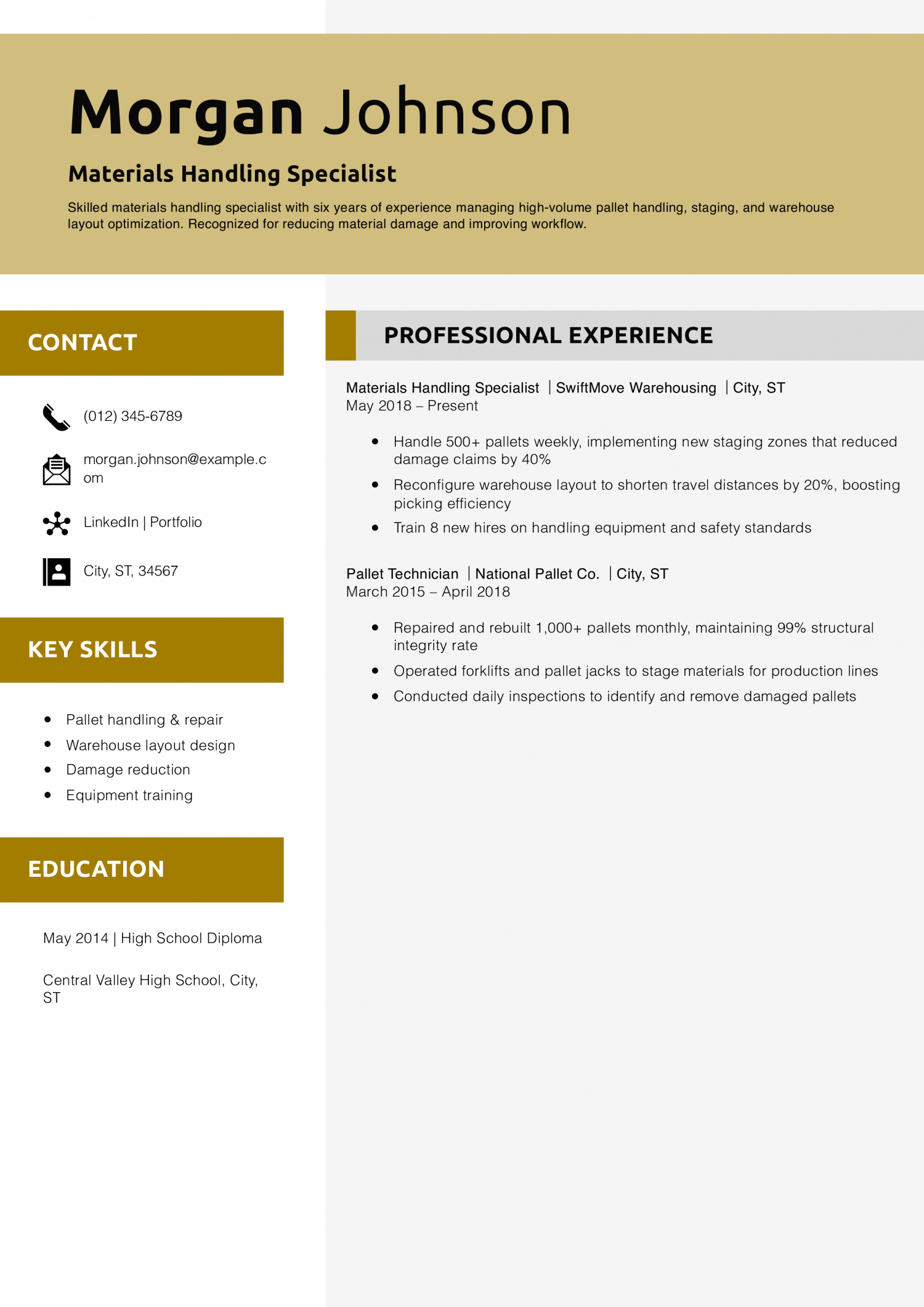 Materials Handling Specialist Resume Example