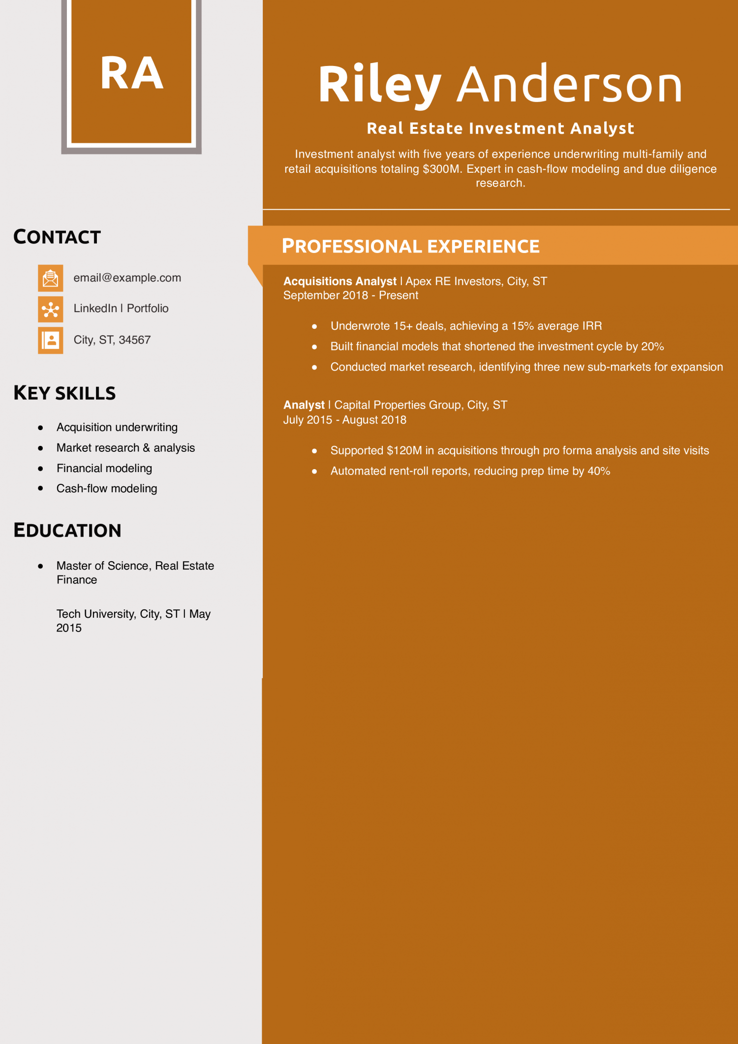 Real Estate Investment Analyst Resume Example