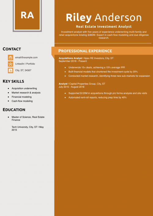 Real Estate Investment Analyst Resume Example