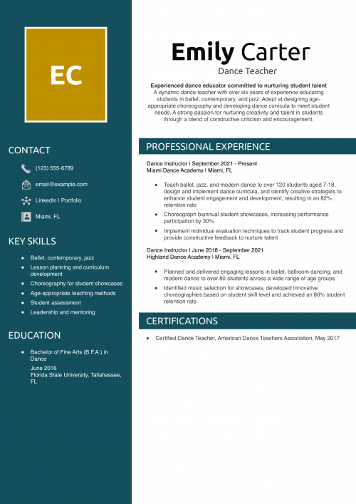Dance Teacher Resume Example