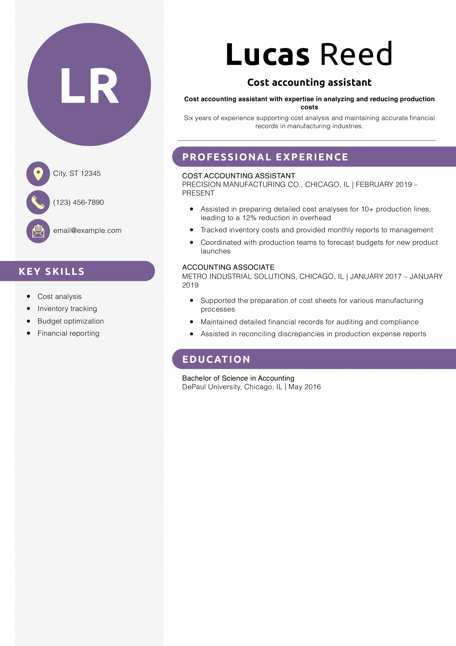 Cost accounting assistant resume example