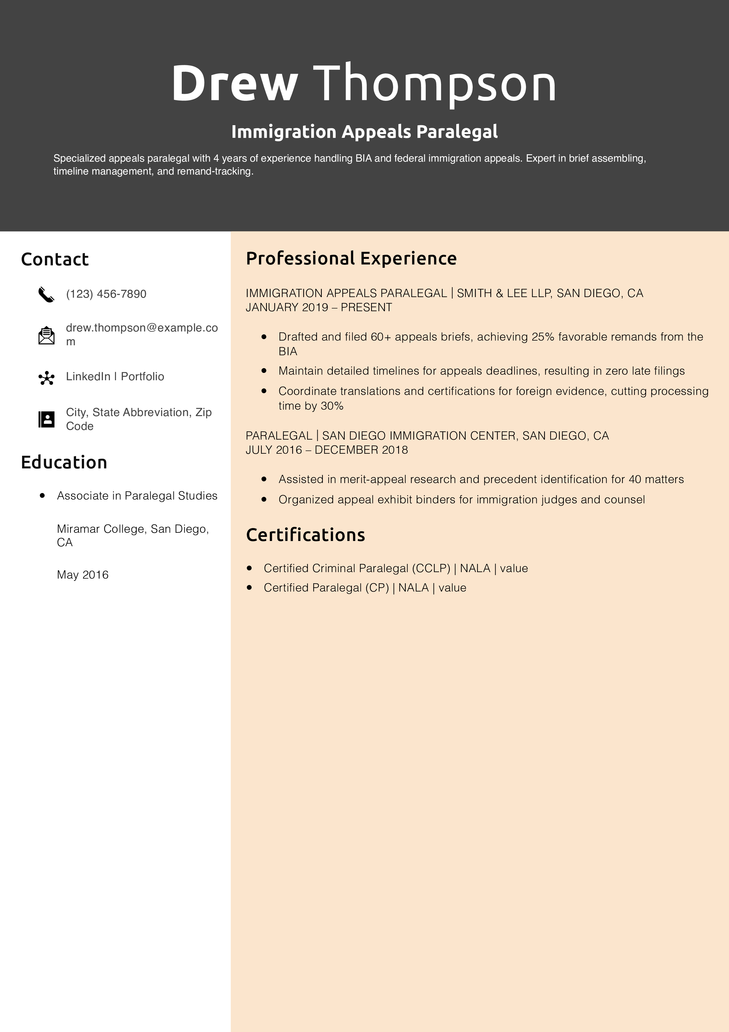 Immigration Appeals Paralegal Resume Example