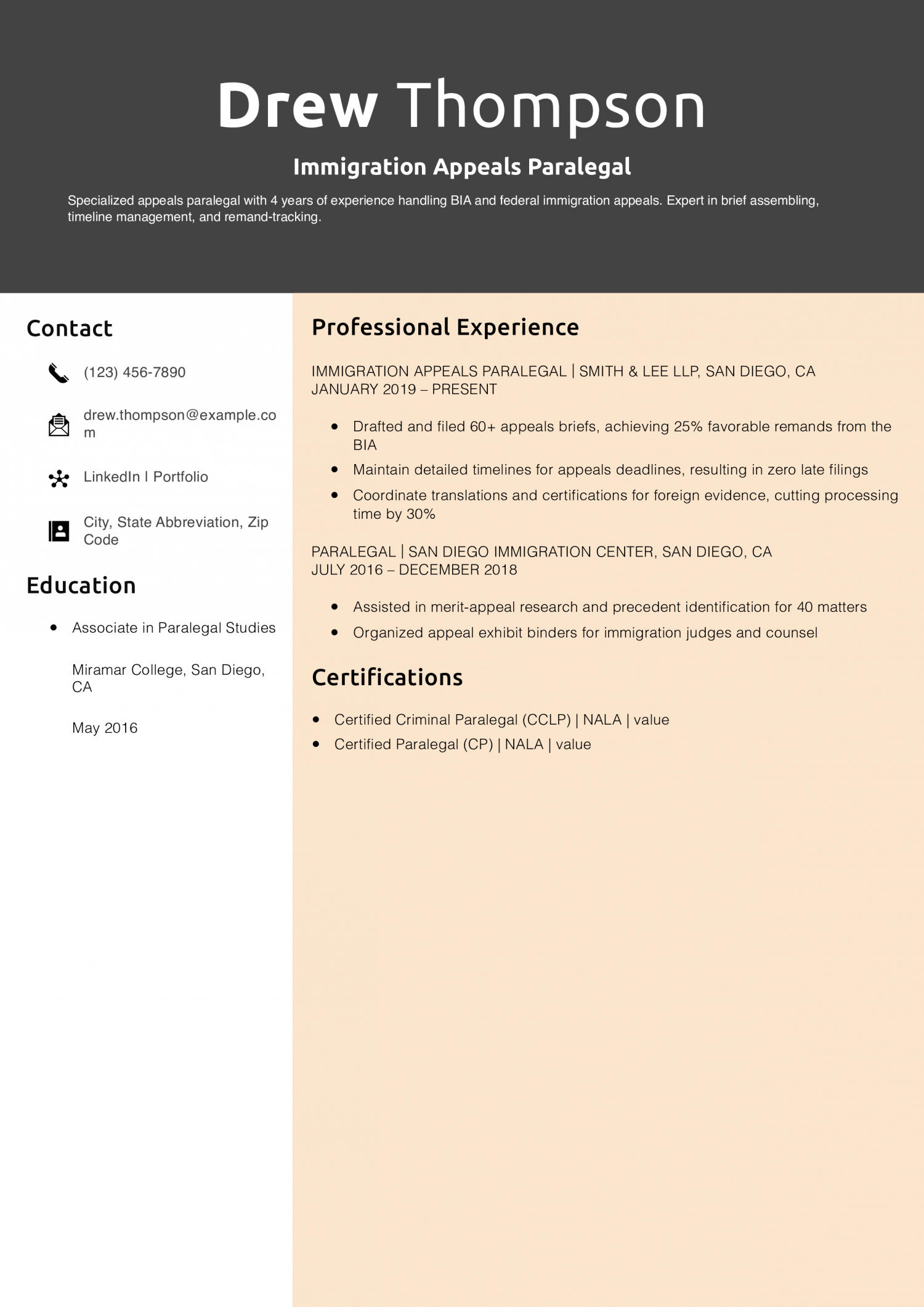 Immigration Appeals Paralegal Resume Example