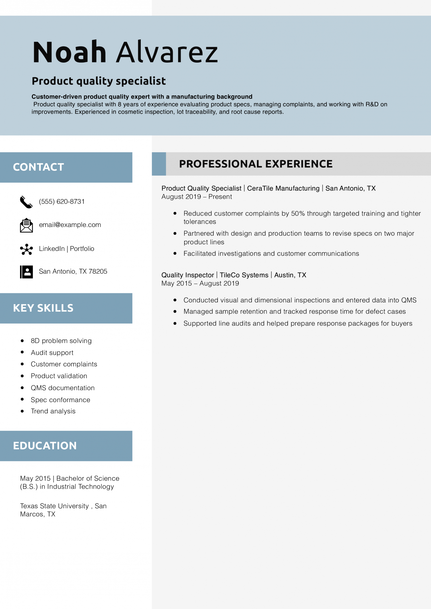 Product quality specialist resume