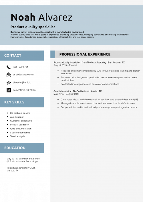 Product quality specialist resume