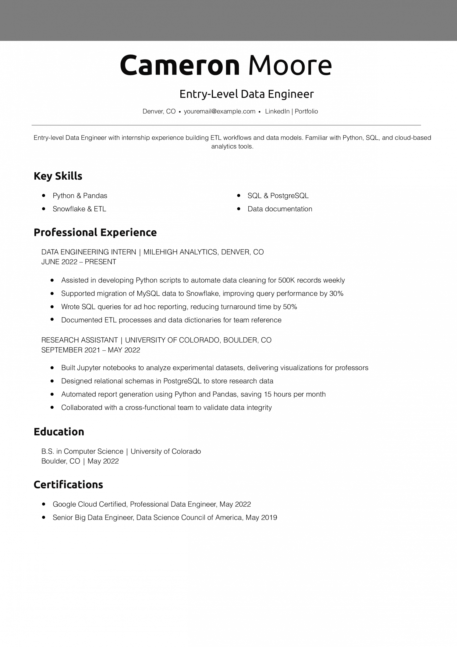 Entry-Level Data Engineer Resume Example
